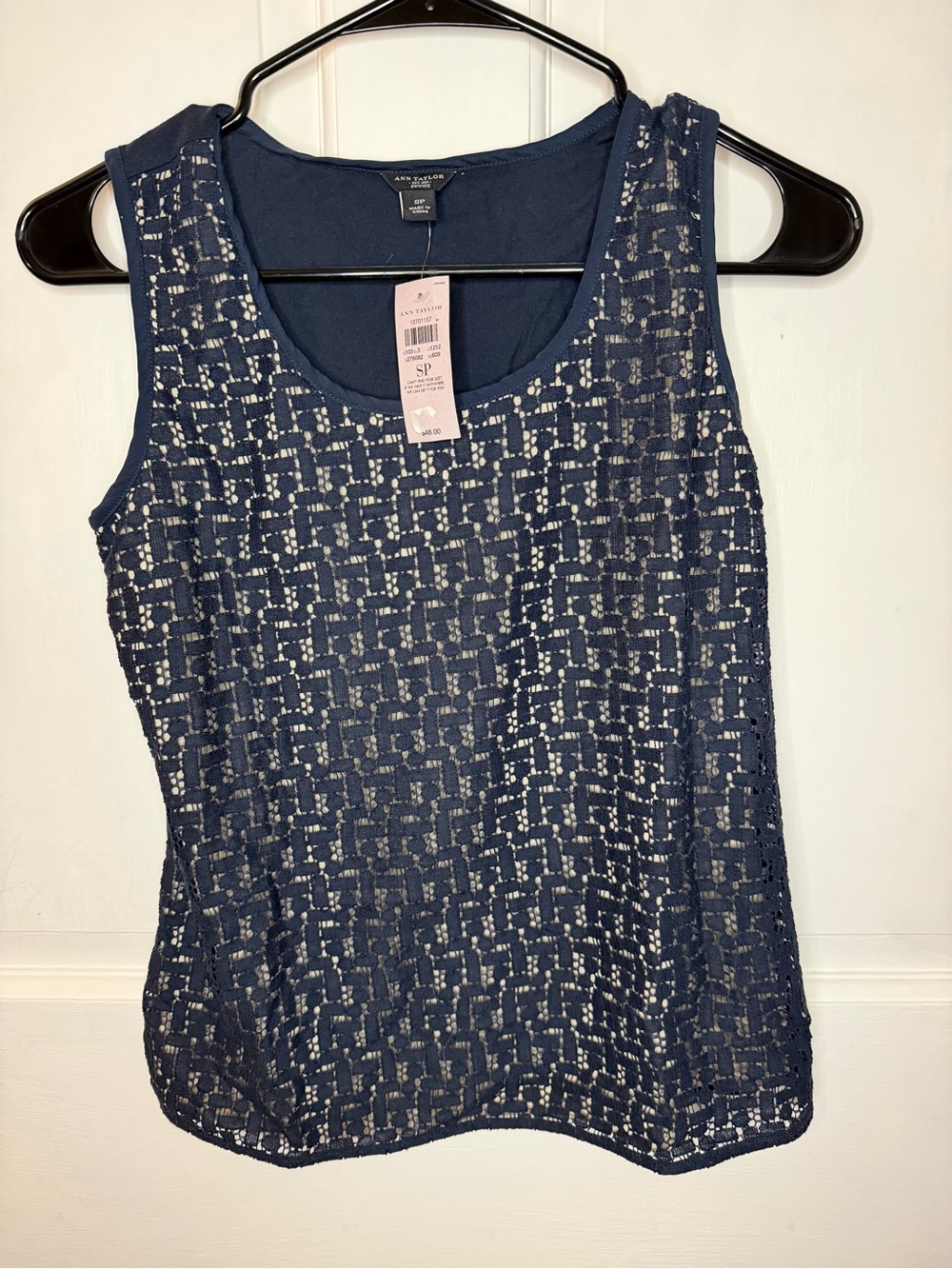 NWT Ann Taylor Women's Petites SP Blue Lace Front Lined Scoop Neck Tank Top